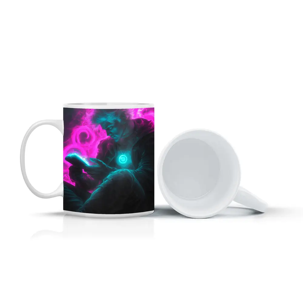 Neon Cyberpunk Man Scrolling Glowing Phone – Mugs