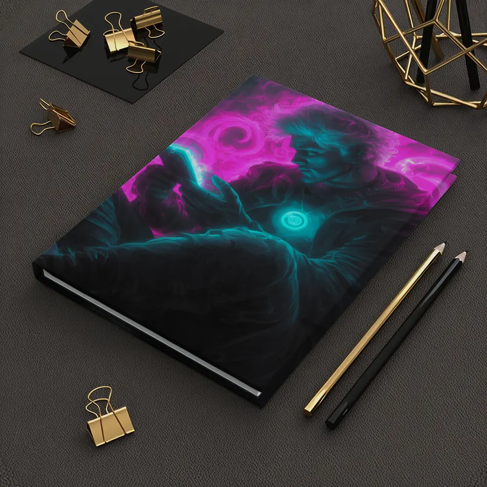 Neon Cyberpunk Man Scrolling Glowing Phone – Notebooks