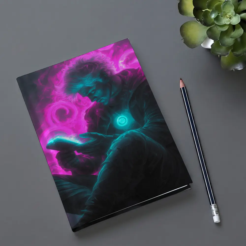 Neon Cyberpunk Man Scrolling Glowing Phone – Notebooks