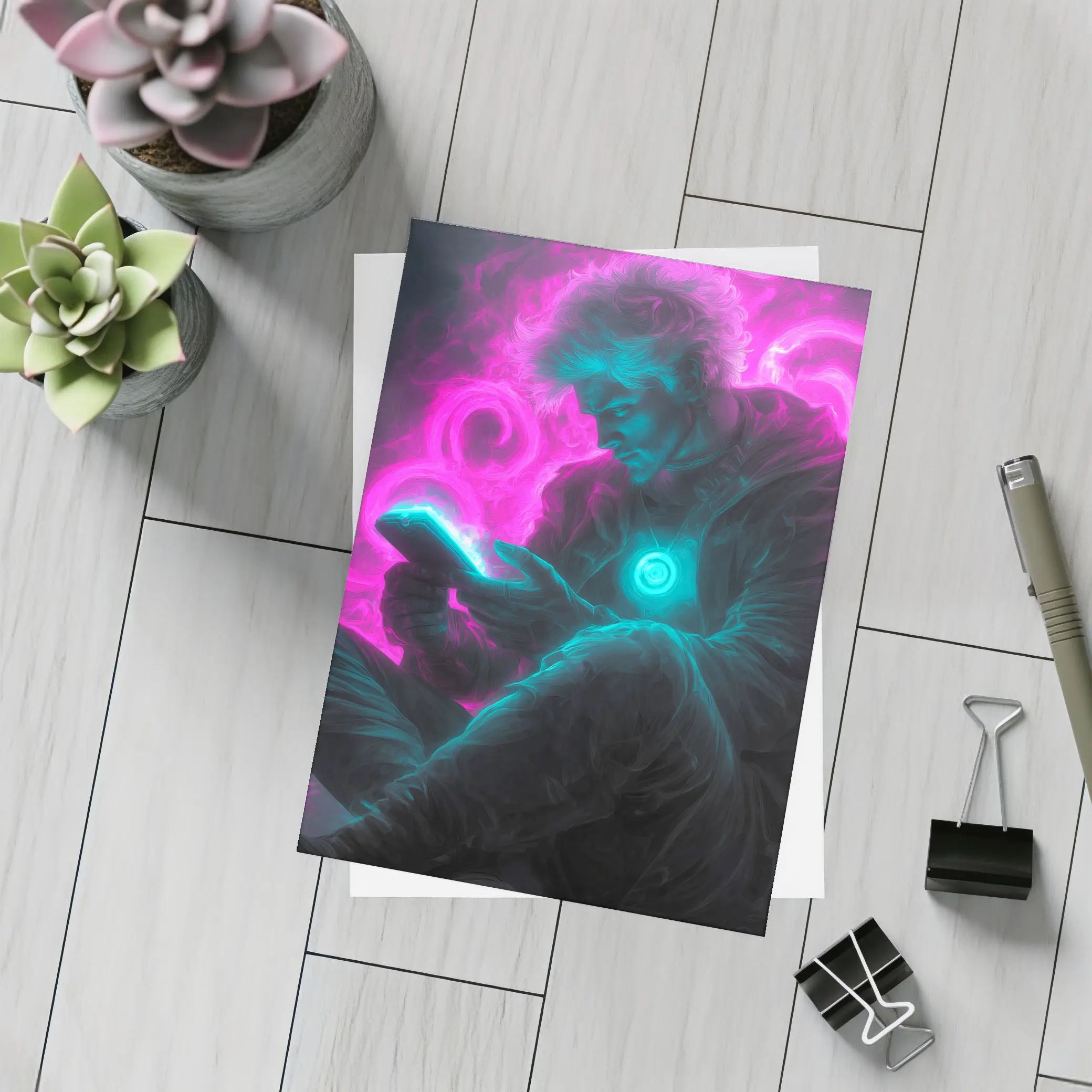 Neon Cyberpunk Man Scrolling Glowing Phone – Postcards