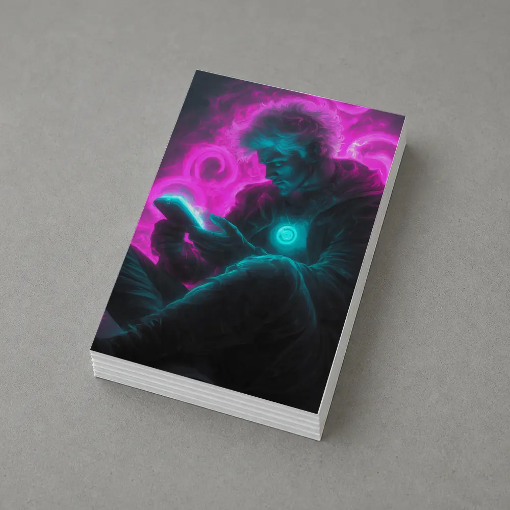 Neon Cyberpunk Man Scrolling Glowing Phone – Postcards