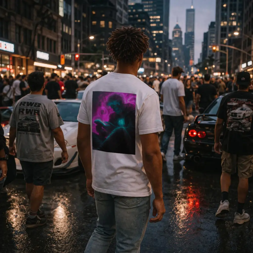Neon Cyberpunk Man Scrolling Glowing Phone – T-Shirts