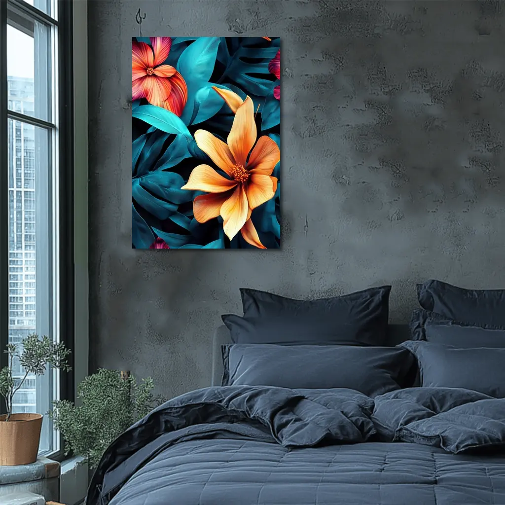 Tropical Flowers Orange Blooms Teal Leaves – Wall Art