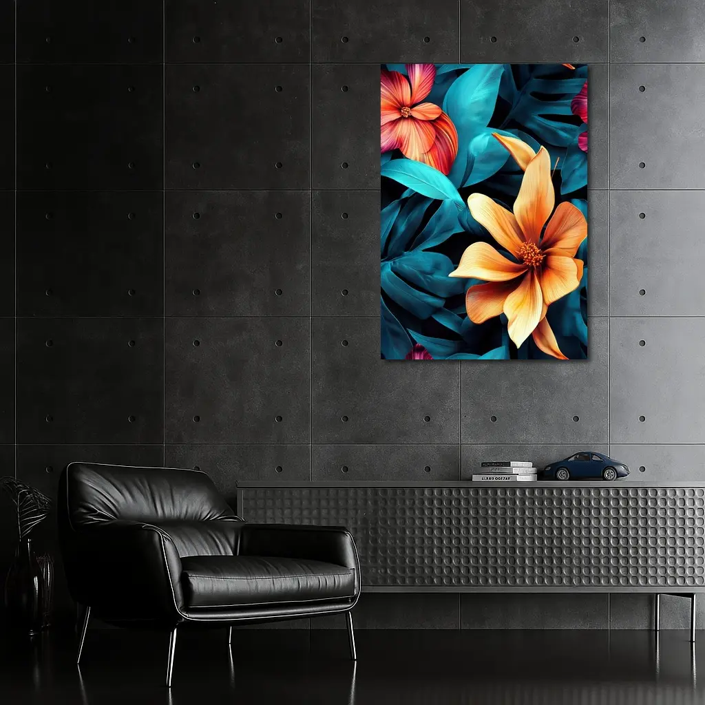 Tropical Flowers Orange Blooms Teal Leaves – Wall Art
