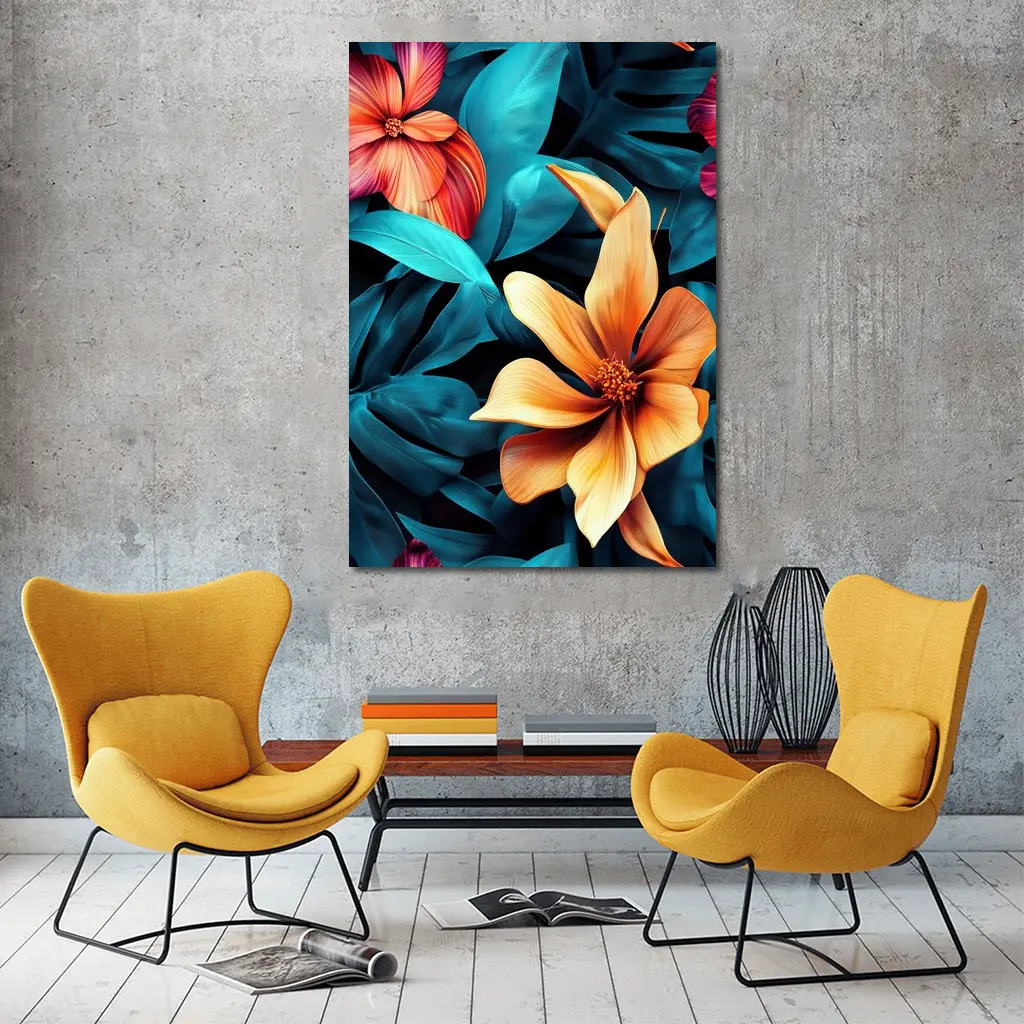 Tropical Flowers Orange Blooms Teal Leaves – Wall Art