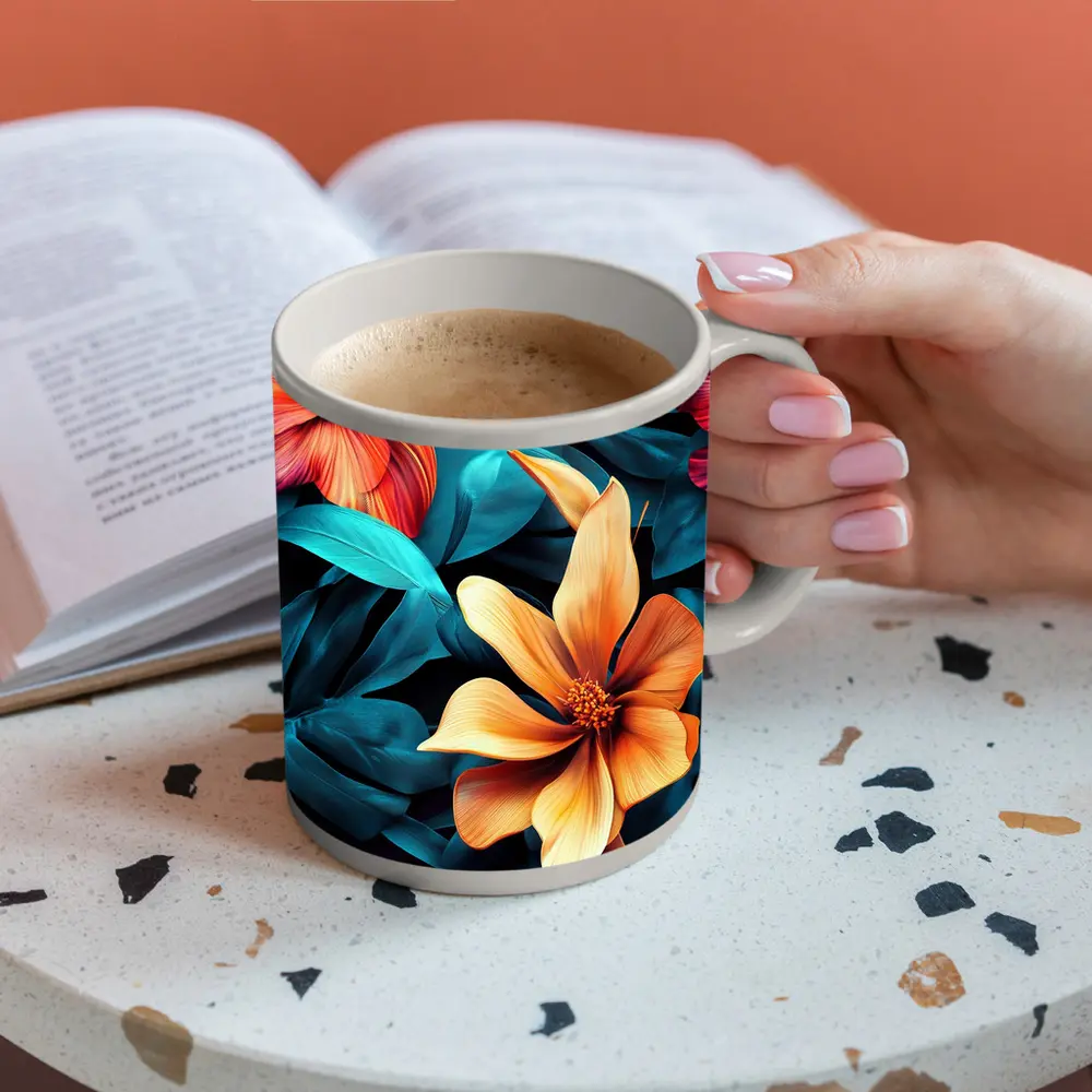 Tropical Flowers Orange Blooms Teal Leaves – Mugs