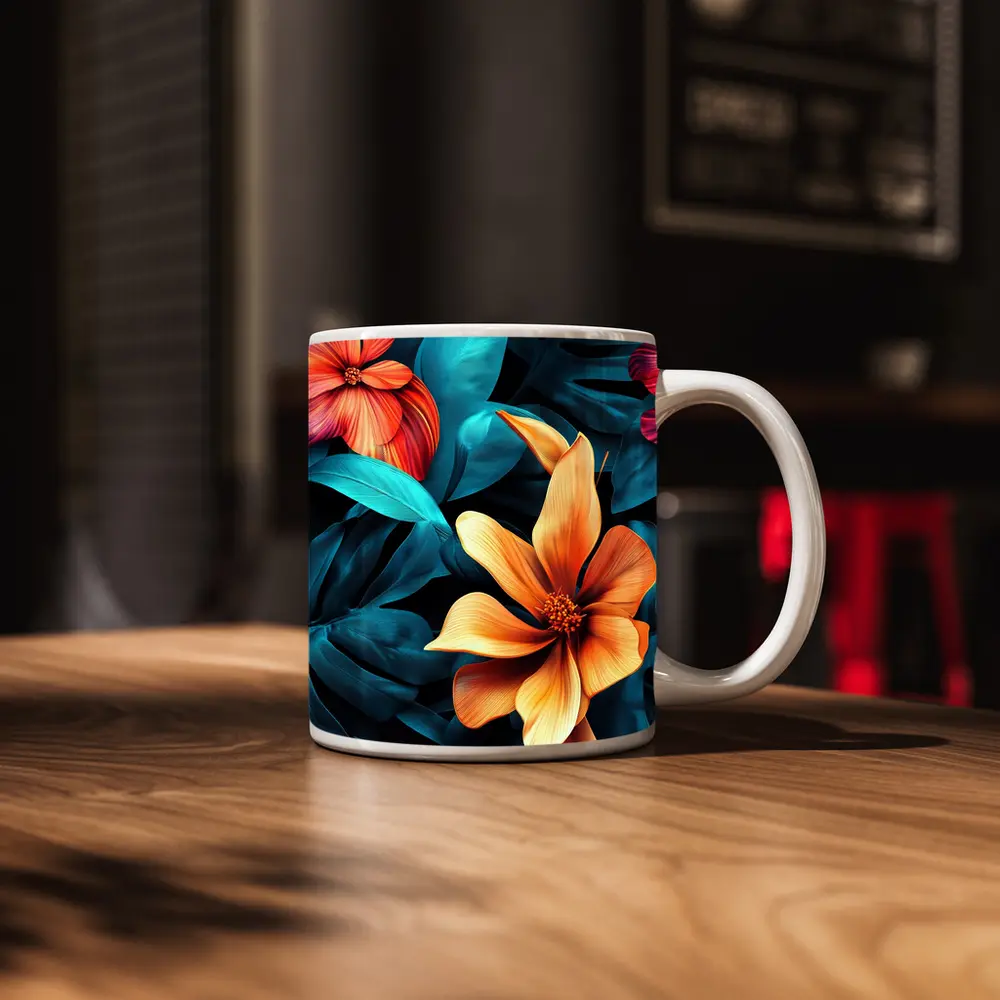 Tropical Flowers Orange Blooms Teal Leaves – Mugs