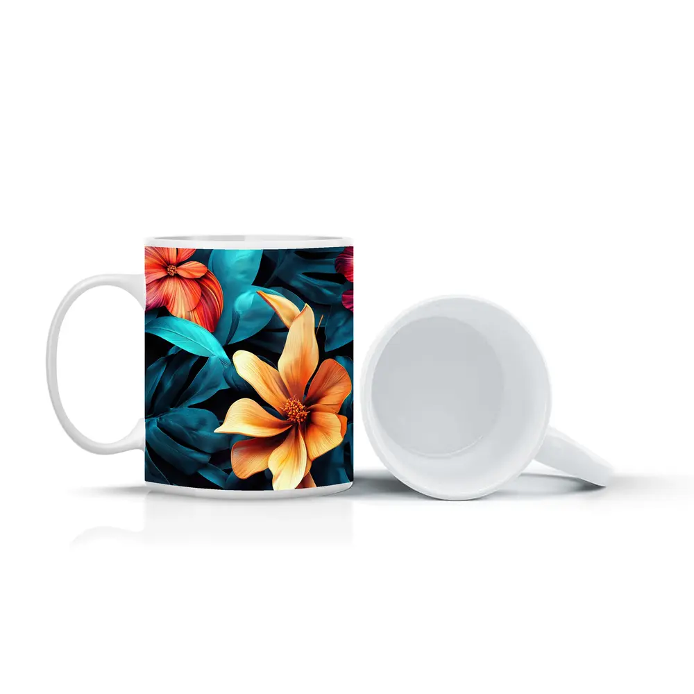 Tropical Flowers Orange Blooms Teal Leaves – Mugs