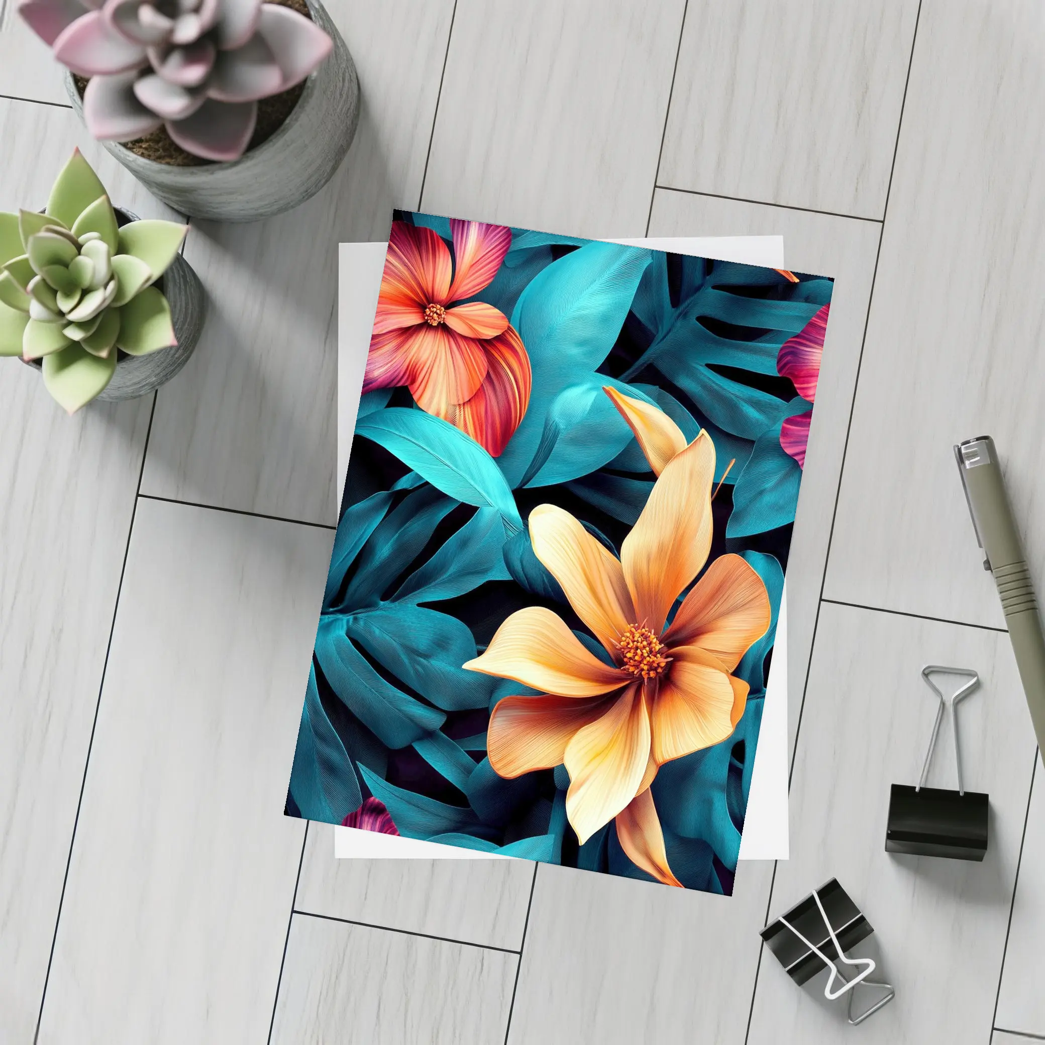 Tropical Flowers Orange Blooms Teal Leaves – Postcards
