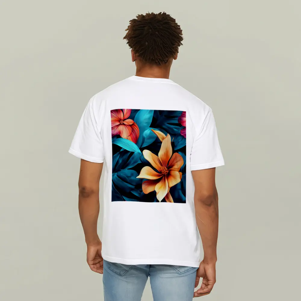 Tropical Flowers Orange Blooms Teal Leaves – T-Shirts