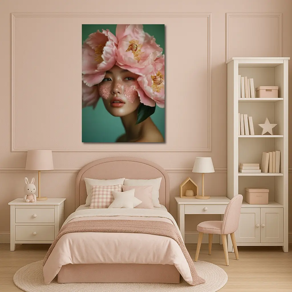 Woman With Pink Peonies Floral Portrait – Wall Art