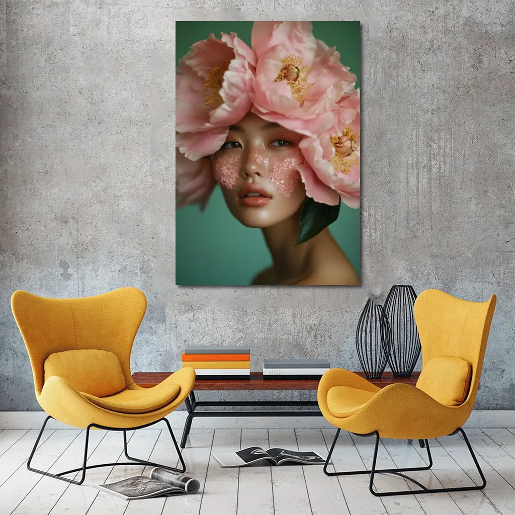 Woman With Pink Peonies Floral Portrait – Wall Art