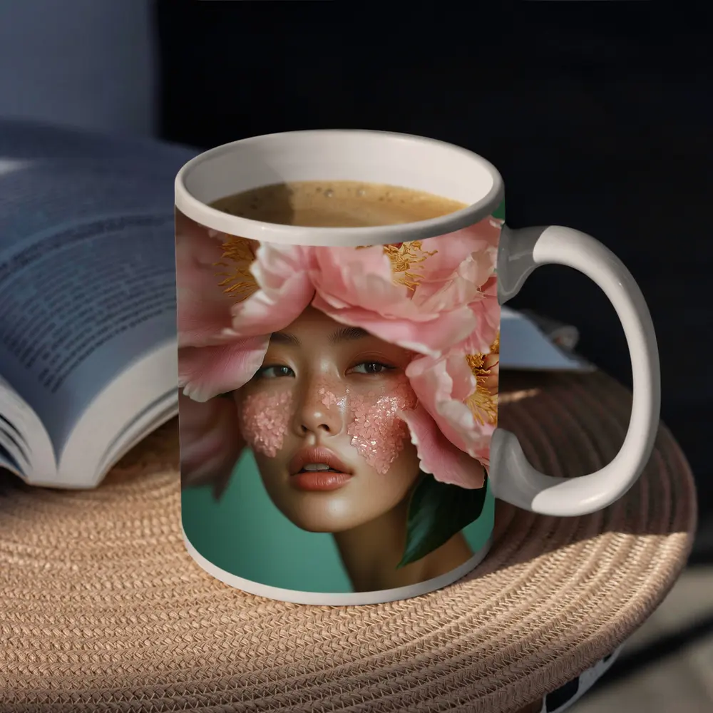 Woman With Pink Peonies Floral Portrait – Mugs