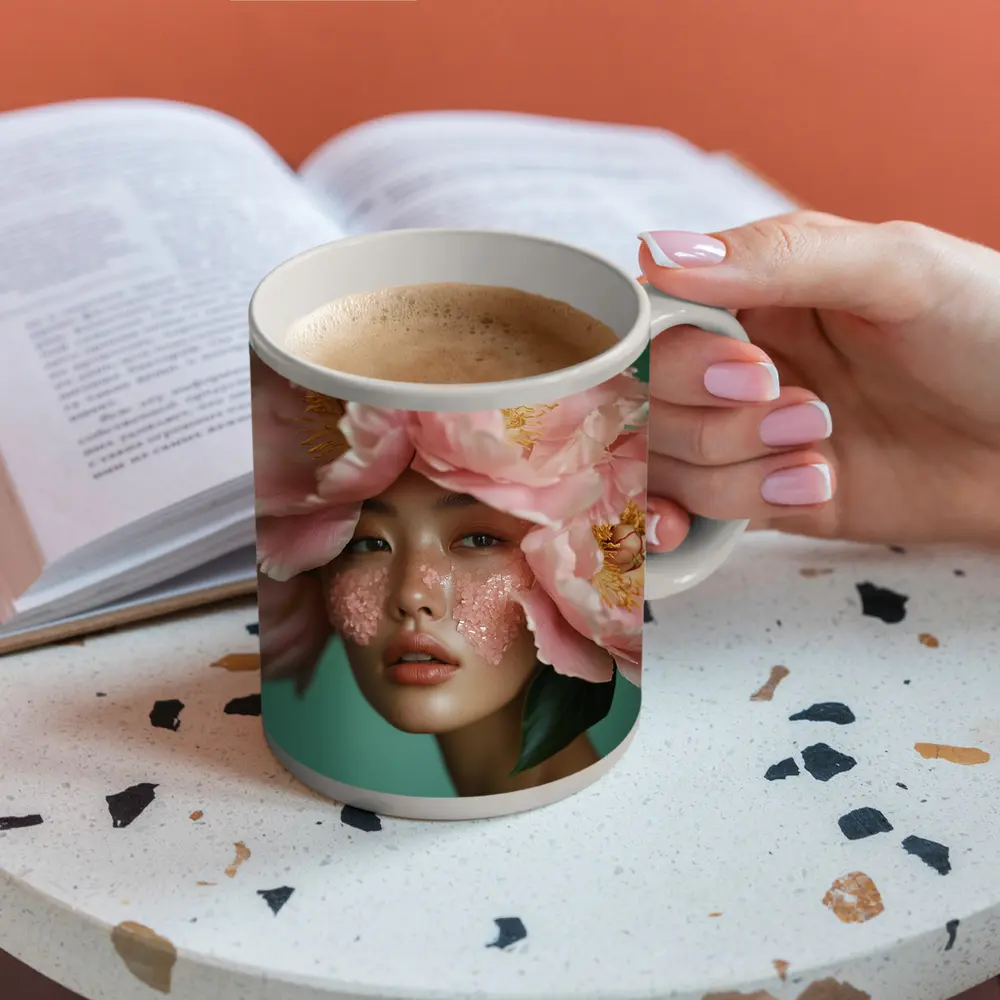 Woman With Pink Peonies Floral Portrait – Mugs