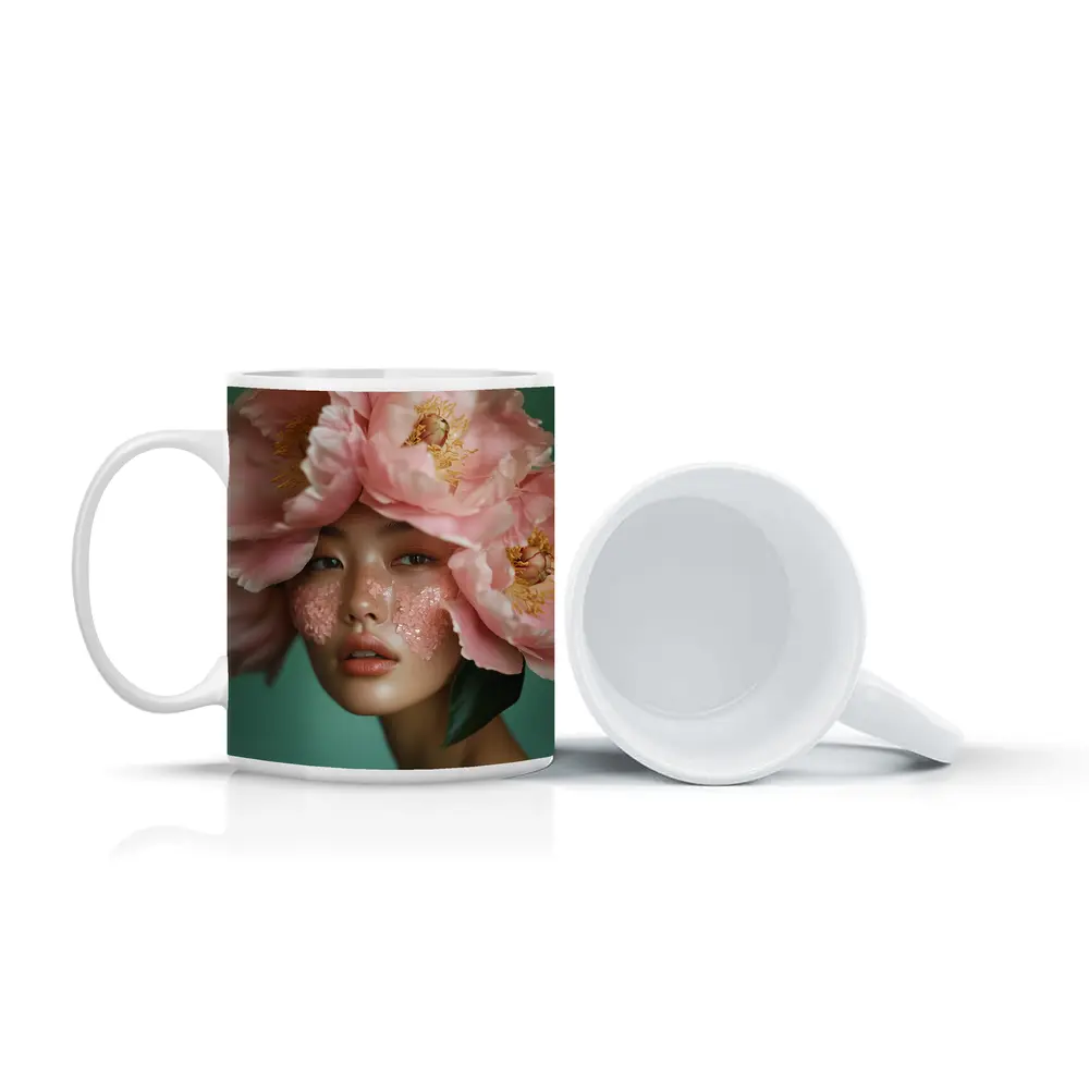 Woman With Pink Peonies Floral Portrait – Mugs