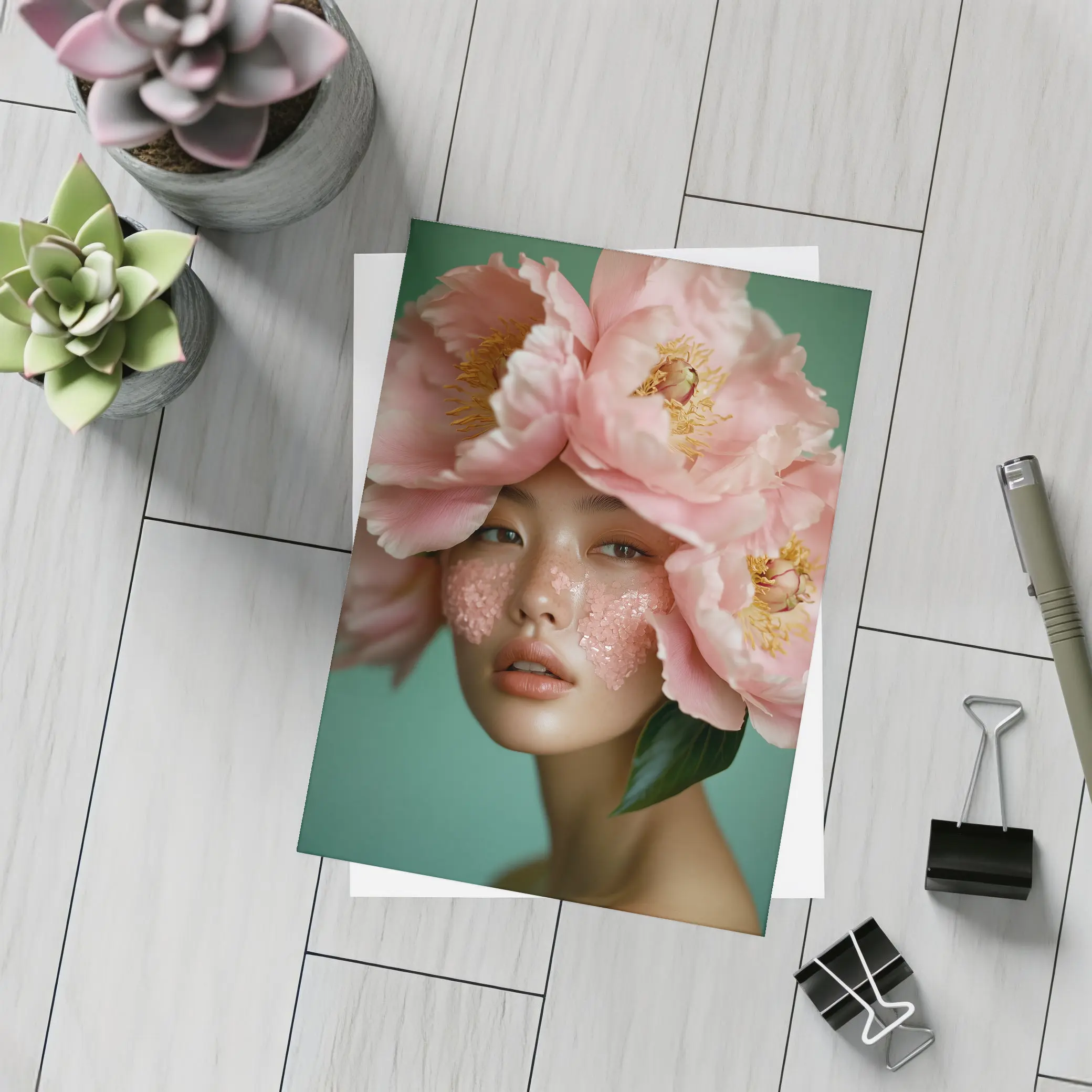 Woman With Pink Peonies Floral Portrait – Postcards