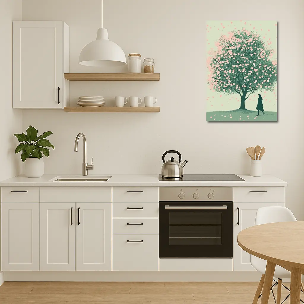 Woman Standing Under Pink Cherry Blossom Tree – Wall Art