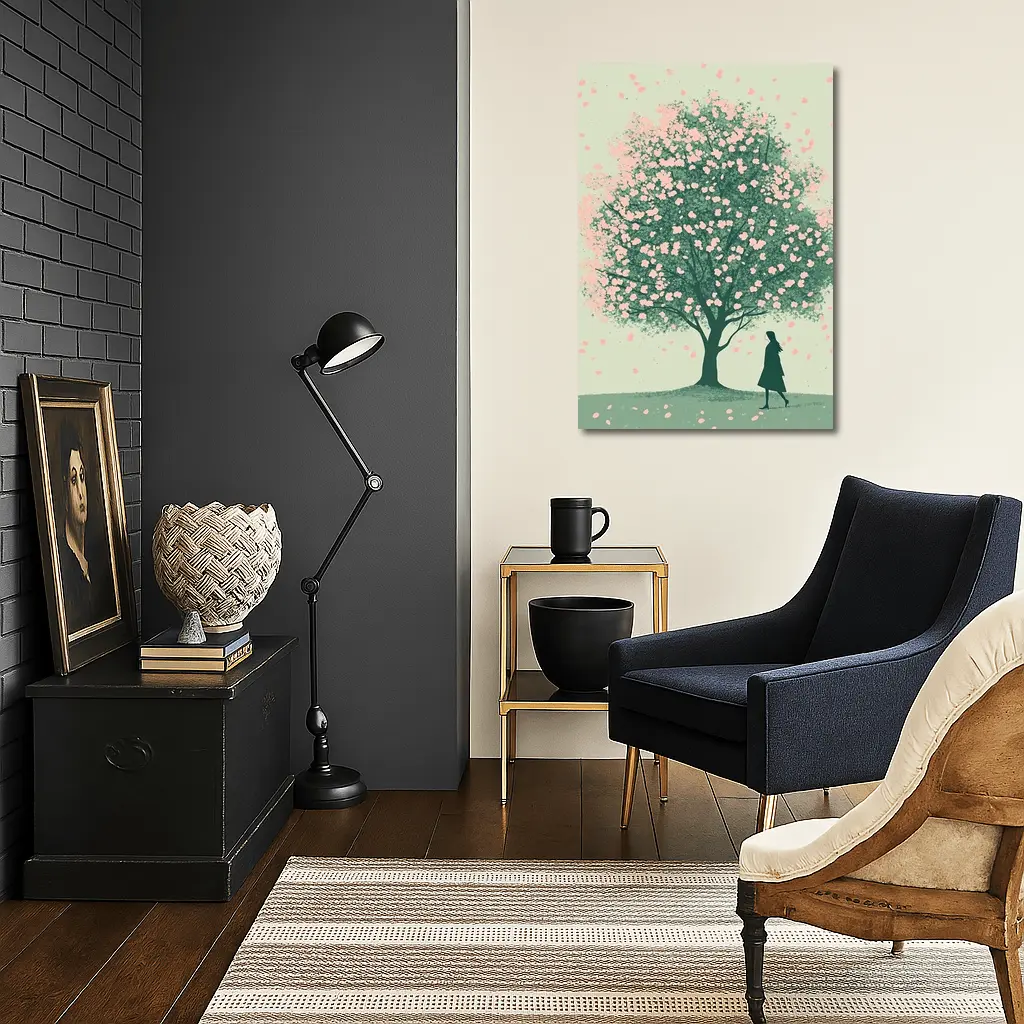 Woman Standing Under Pink Cherry Blossom Tree – Wall Art