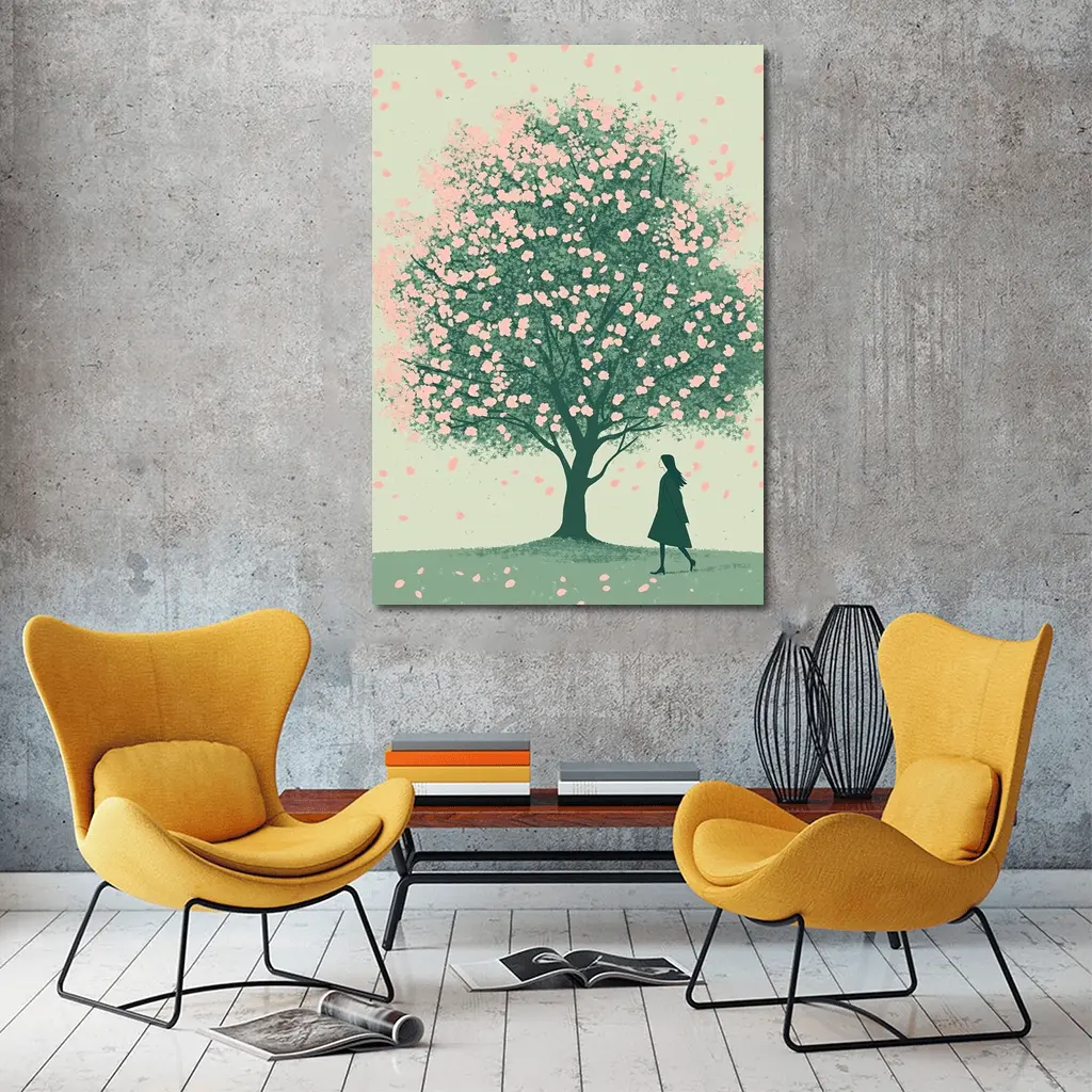 Woman Standing Under Pink Cherry Blossom Tree – Wall Art