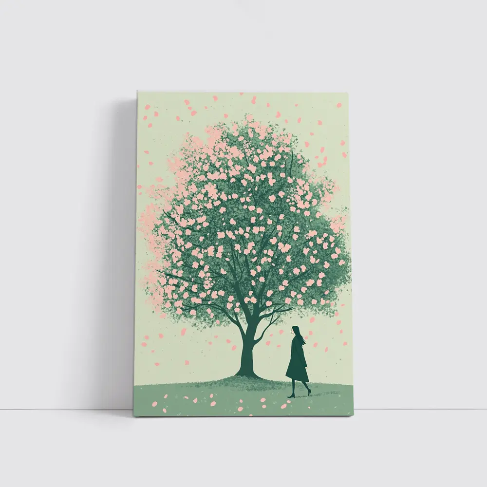 Woman Standing Under Pink Cherry Blossom Tree – Wall Art