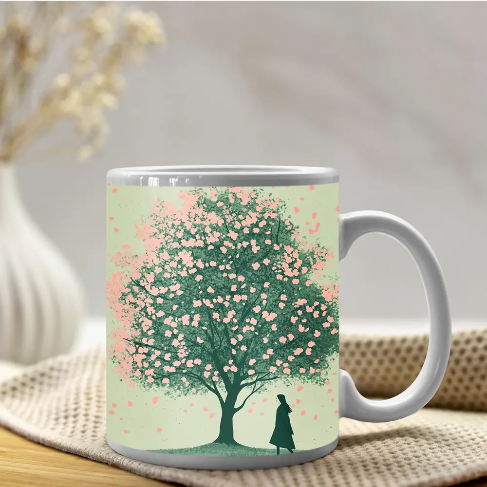 Woman Standing Under Pink Cherry Blossom Tree – Mugs