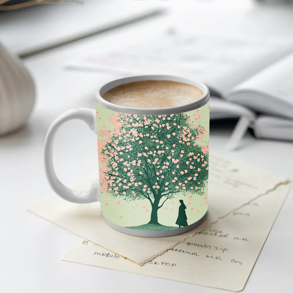 Woman Standing Under Pink Cherry Blossom Tree – Mugs
