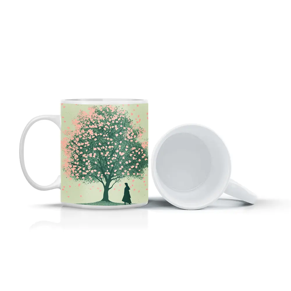 Woman Standing Under Pink Cherry Blossom Tree – Mugs