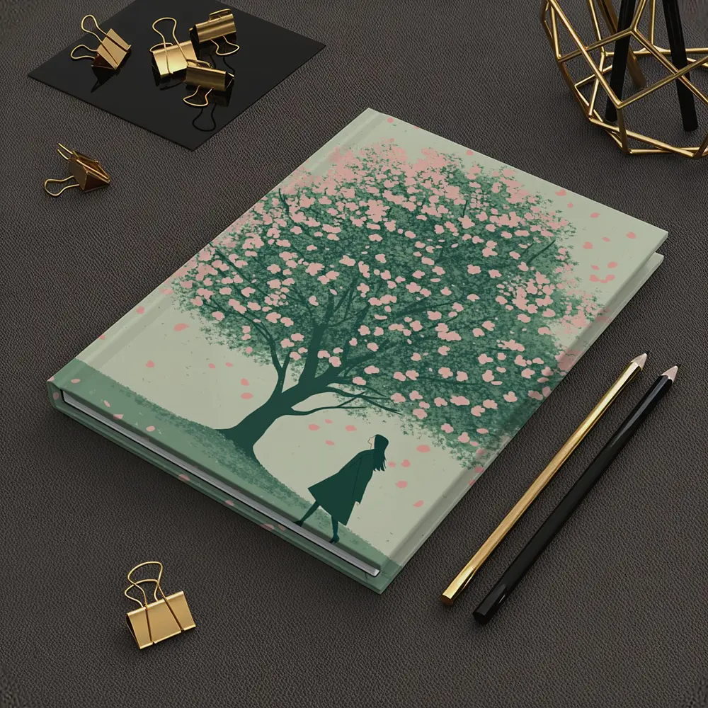 Woman Standing Under Pink Cherry Blossom Tree – Notebooks