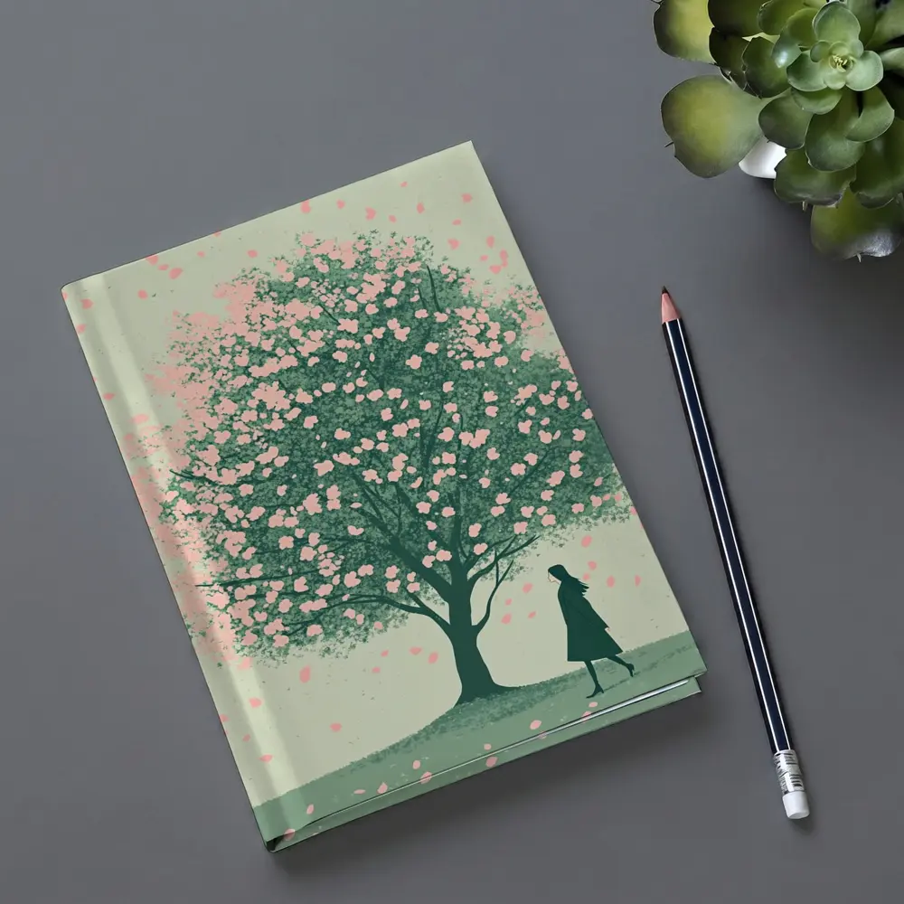 Woman Standing Under Pink Cherry Blossom Tree – Notebooks