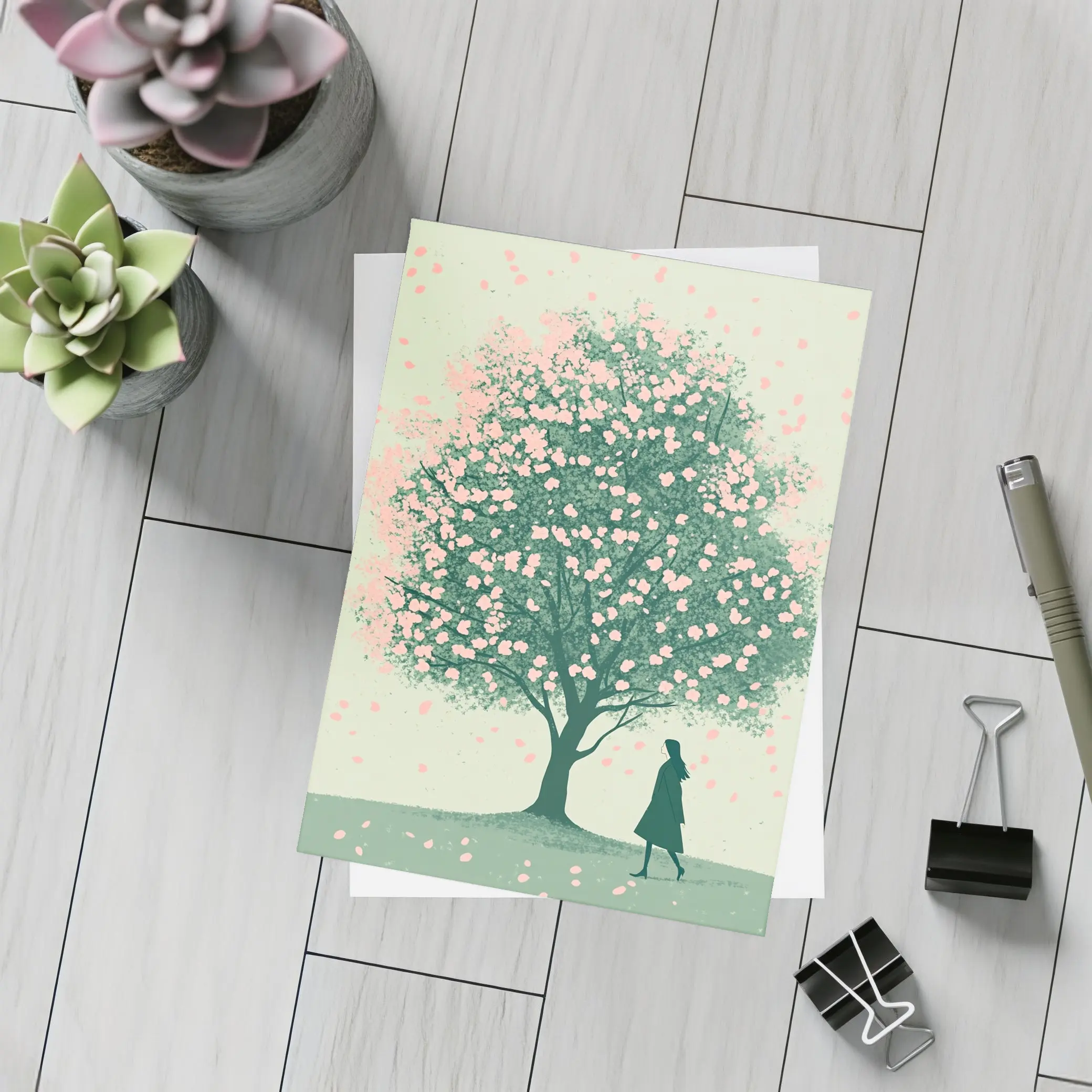 Woman Standing Under Pink Cherry Blossom Tree – Postcards
