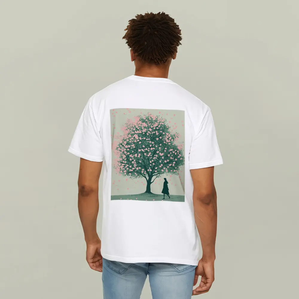 Woman Standing Under Pink Cherry Blossom Tree – T-Shirts
