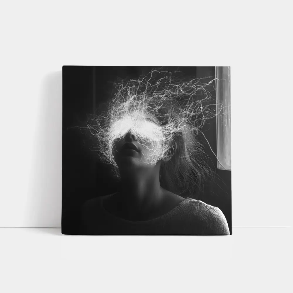 Woman Electric Hair Surreal Black White Portrait – Wall Art