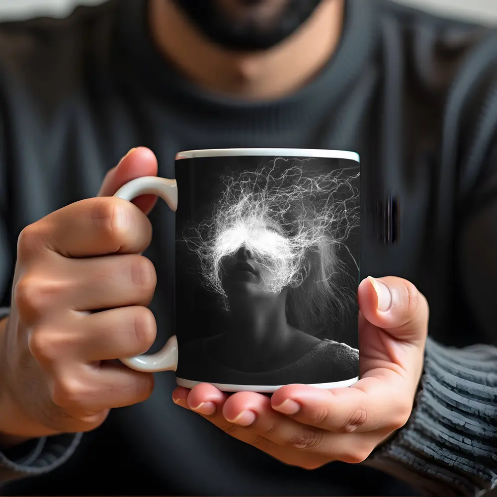 Woman Electric Hair Surreal Black White Portrait – Mugs