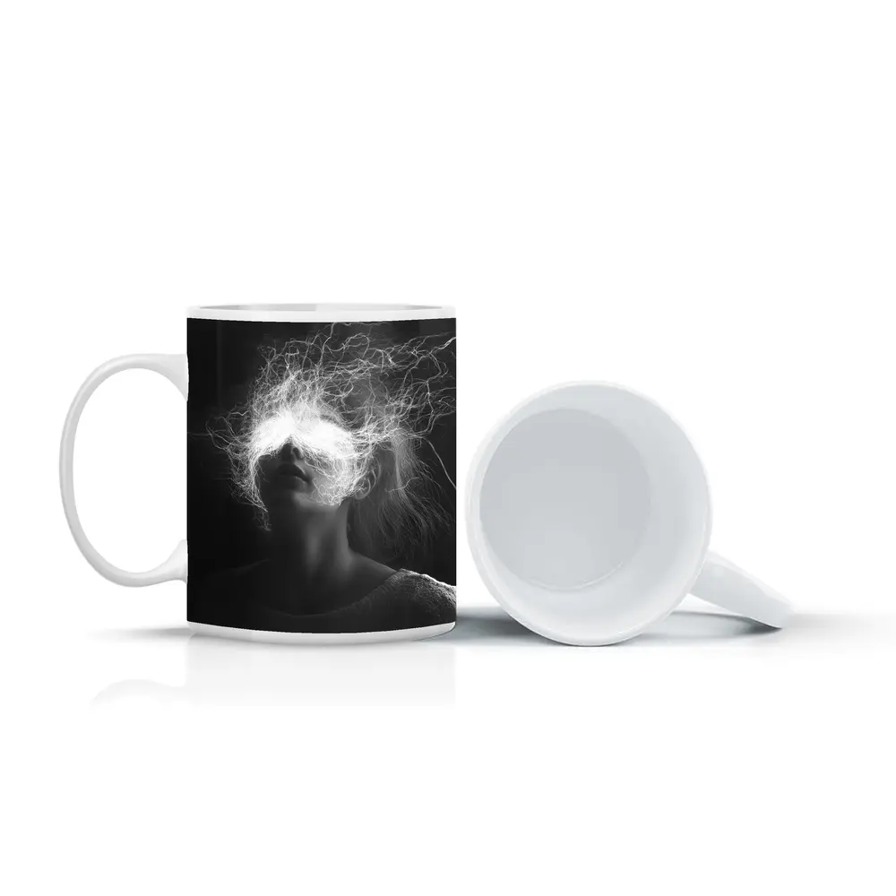 Woman Electric Hair Surreal Black White Portrait – Mugs