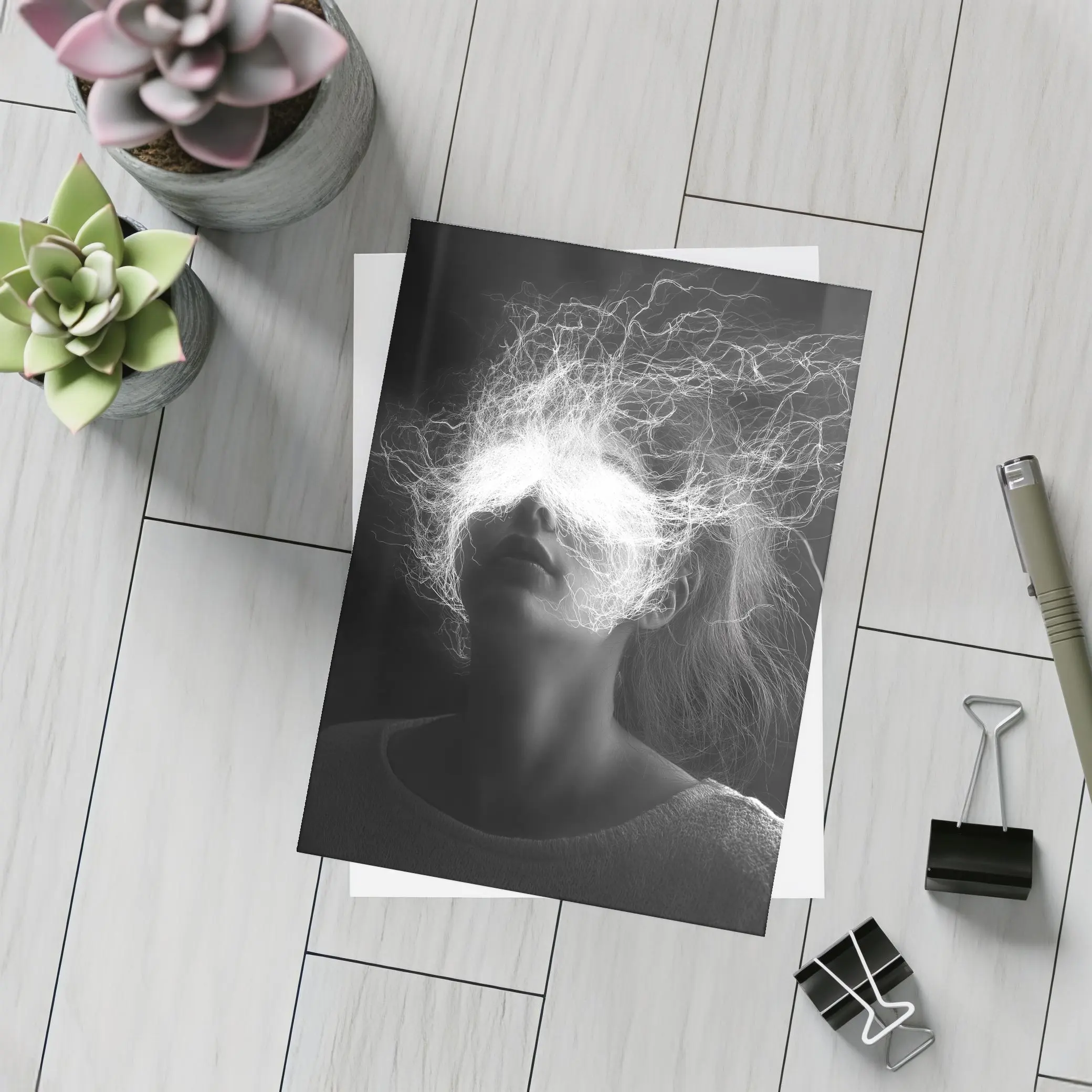 Woman Electric Hair Surreal Black White Portrait – Postcards