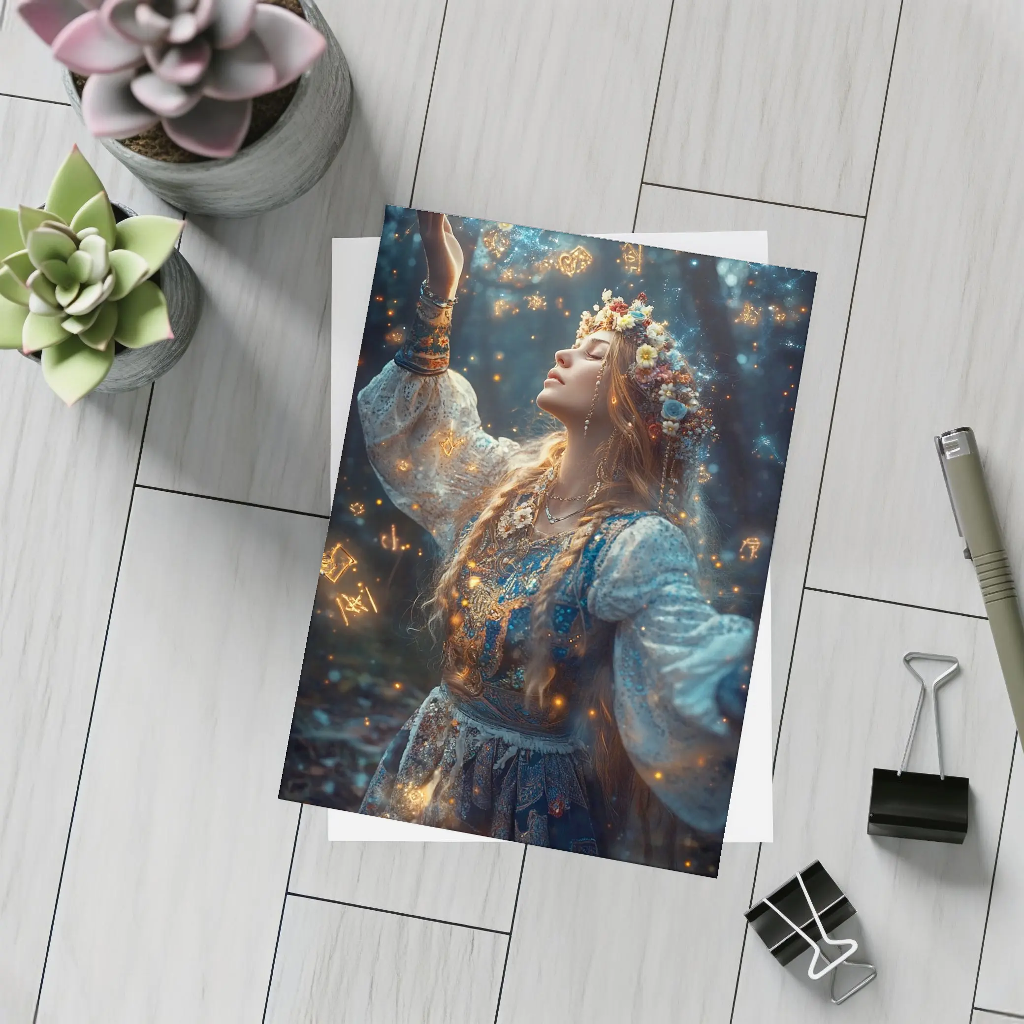 Mystical Woman with Zodiac Symbols Forest – Postcards