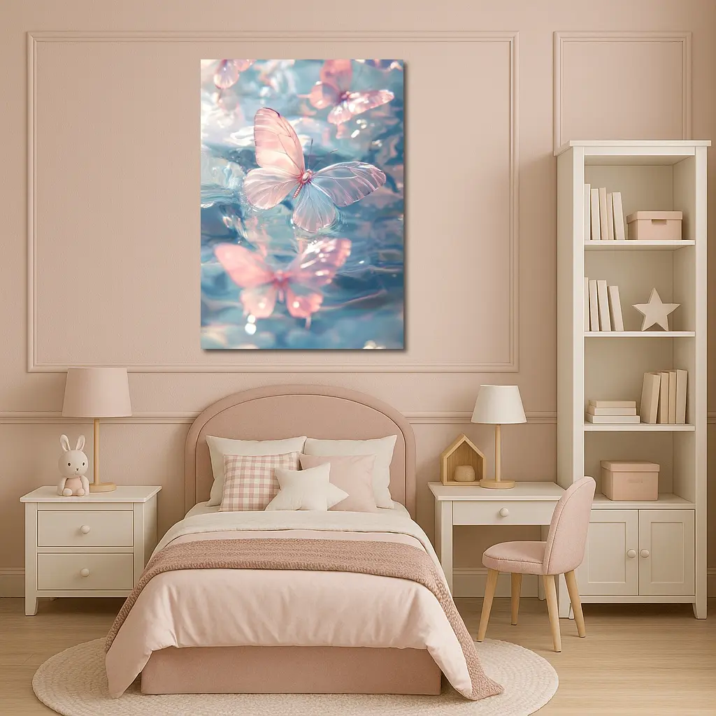 Pink Butterflies Floating On Blue Water – Wall Art
