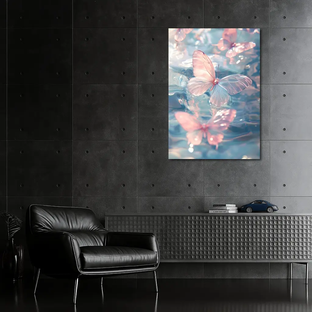 Pink Butterflies Floating On Blue Water – Wall Art