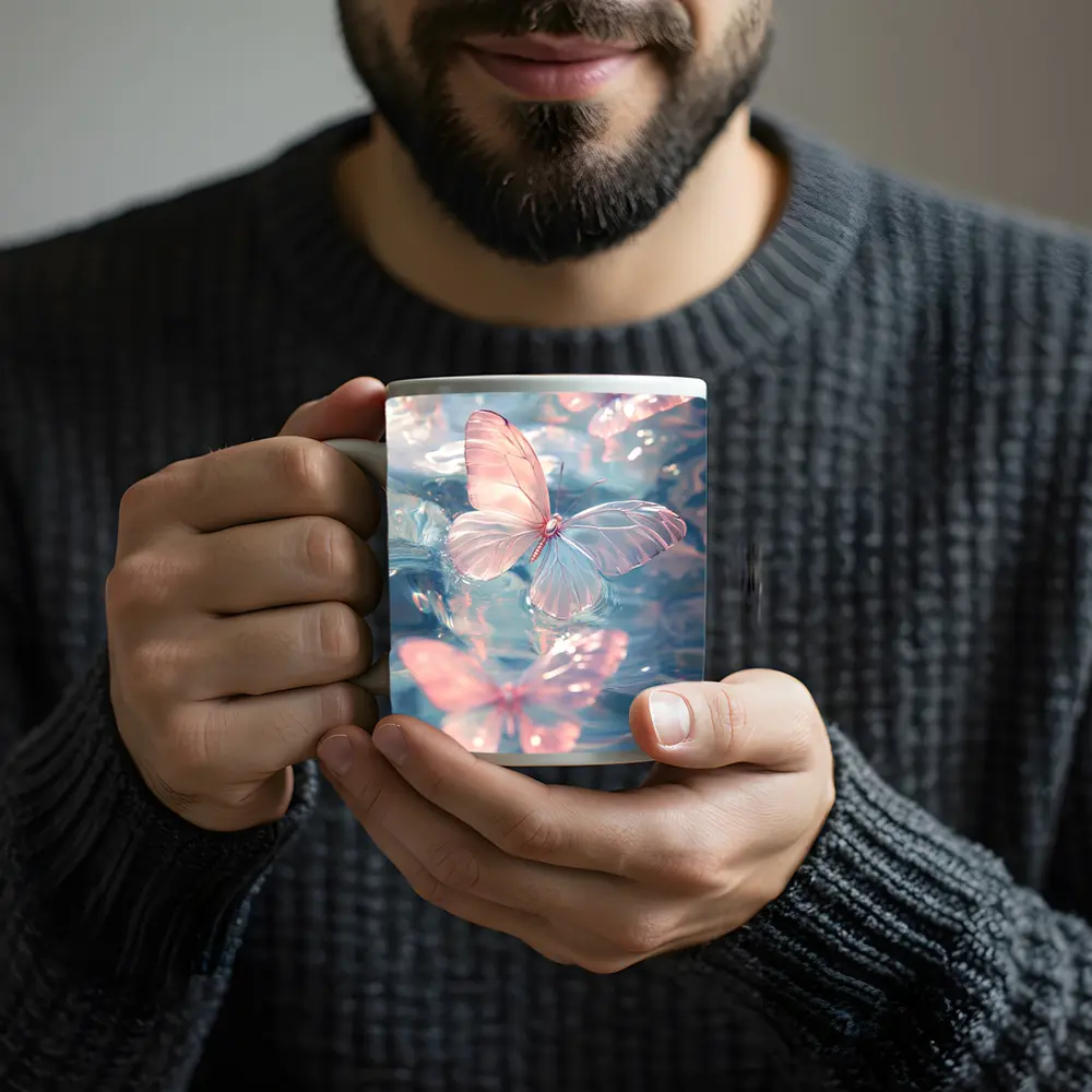 Pink Butterflies Floating On Blue Water – Mugs