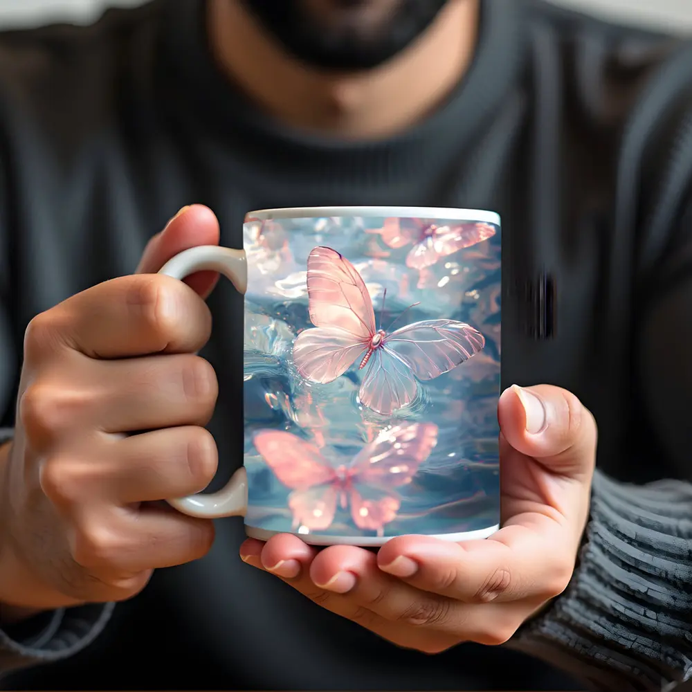 Pink Butterflies Floating On Blue Water – Mugs
