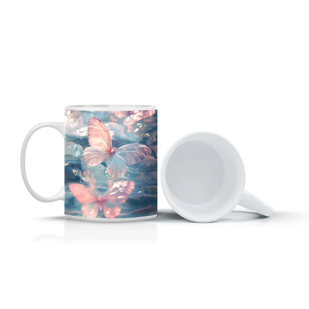 Pink Butterflies Floating On Blue Water – Mugs