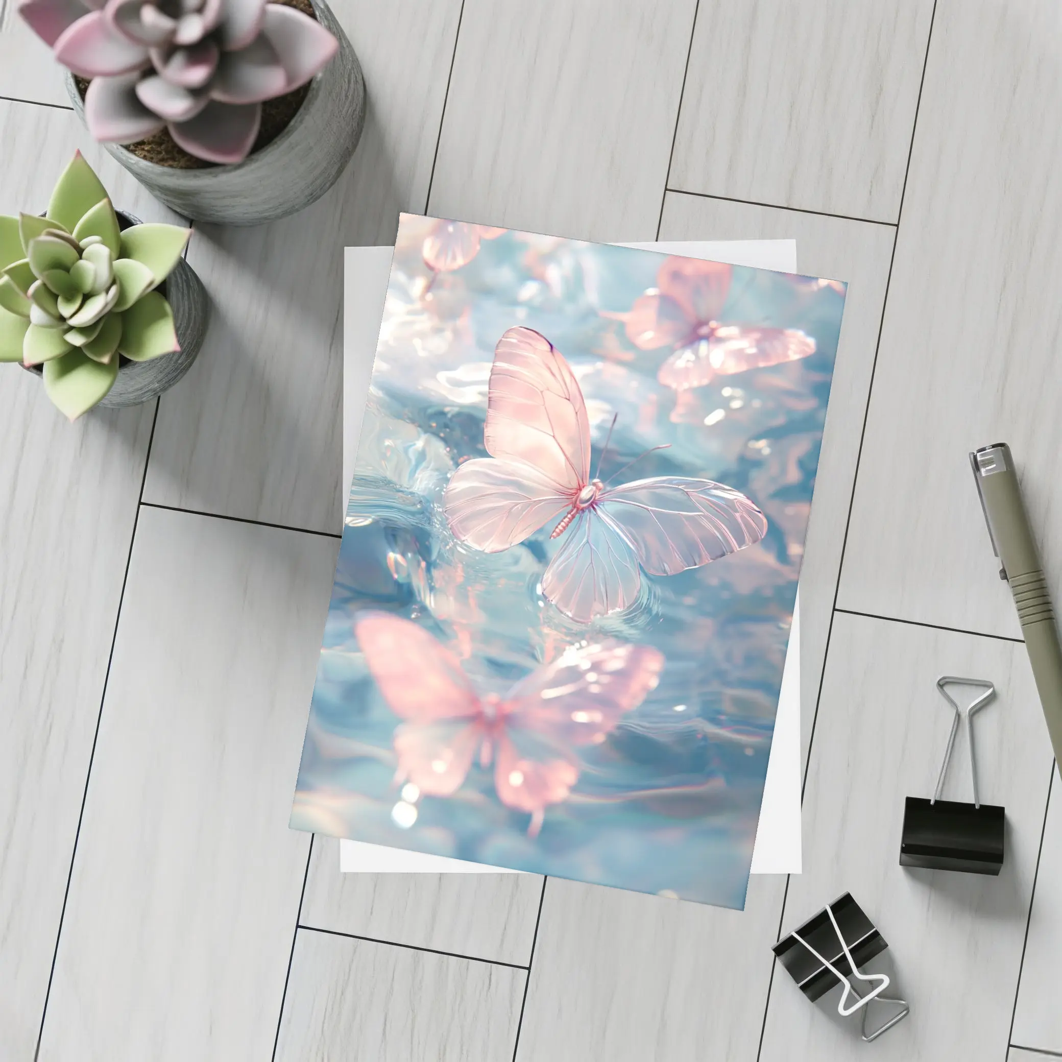 Pink Butterflies Floating On Blue Water – Postcards