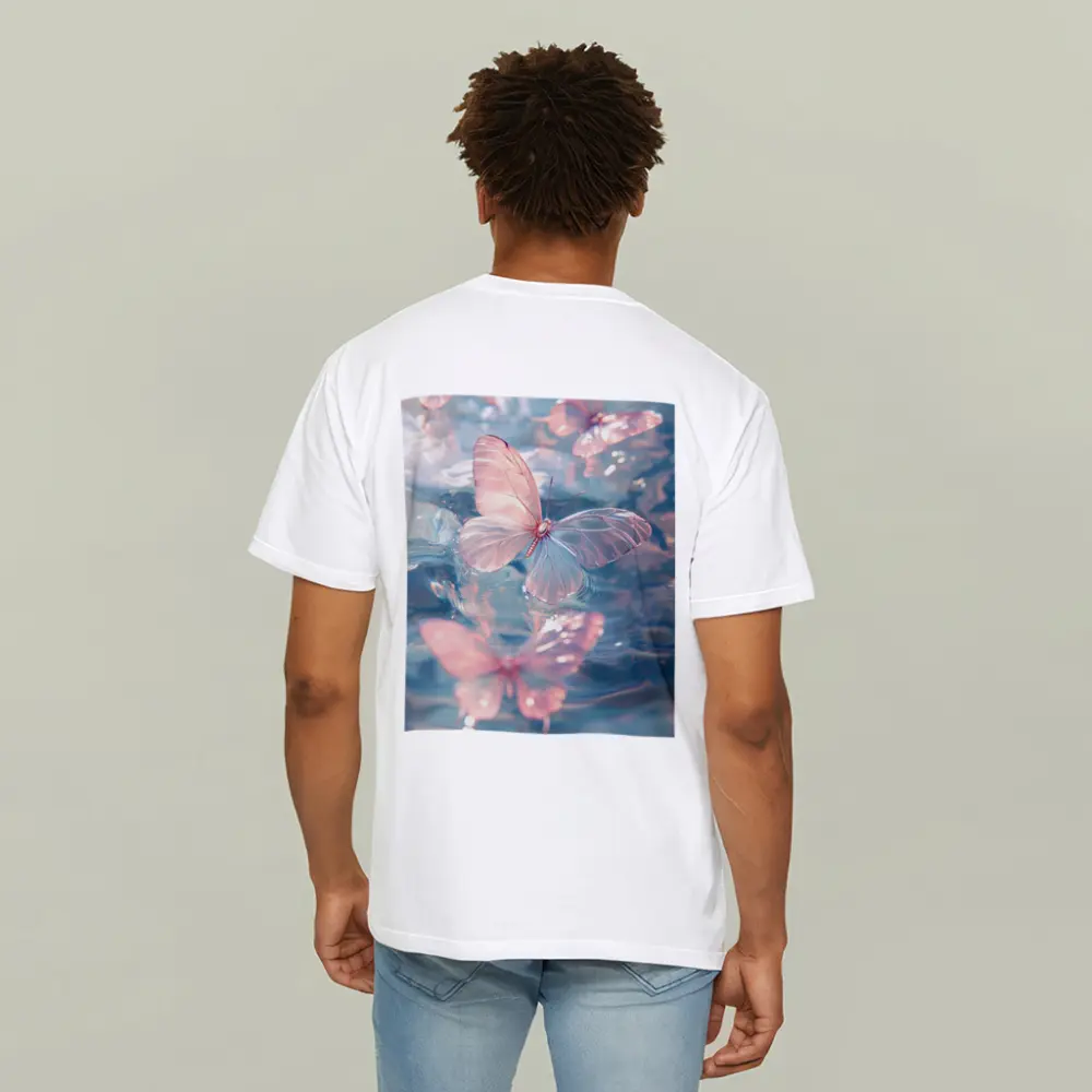Pink Butterflies Floating On Blue Water – T-Shirts