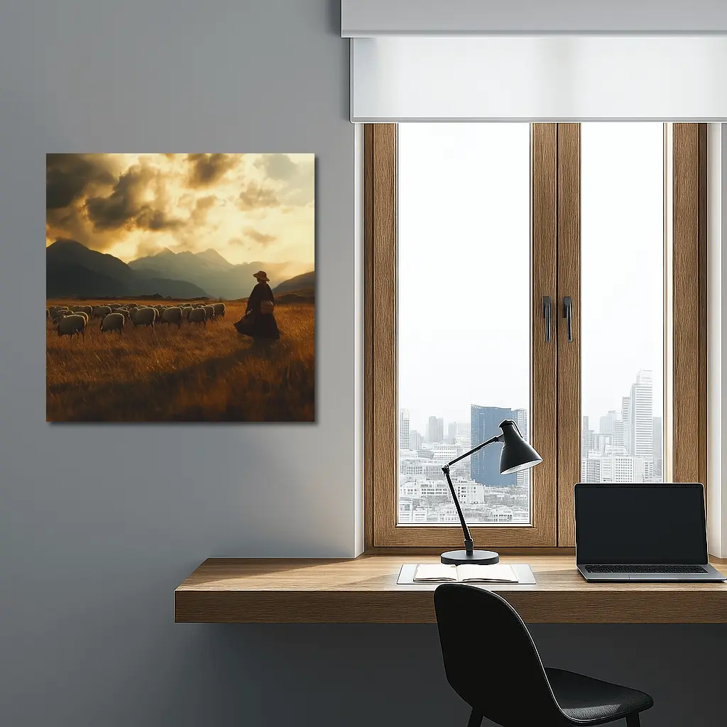 Shepherd With Flock Golden Mountain Sunset – Wall Art