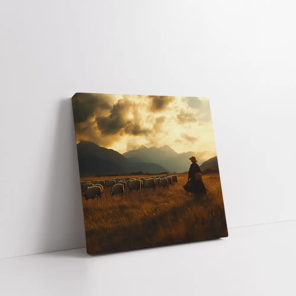 Shepherd With Flock Golden Mountain Sunset – Wall Art