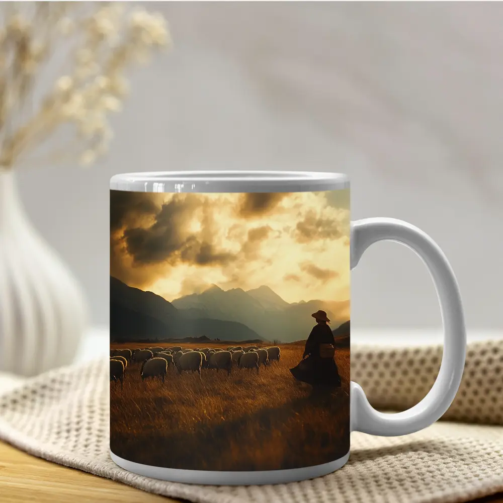Shepherd With Flock Golden Mountain Sunset – Mugs