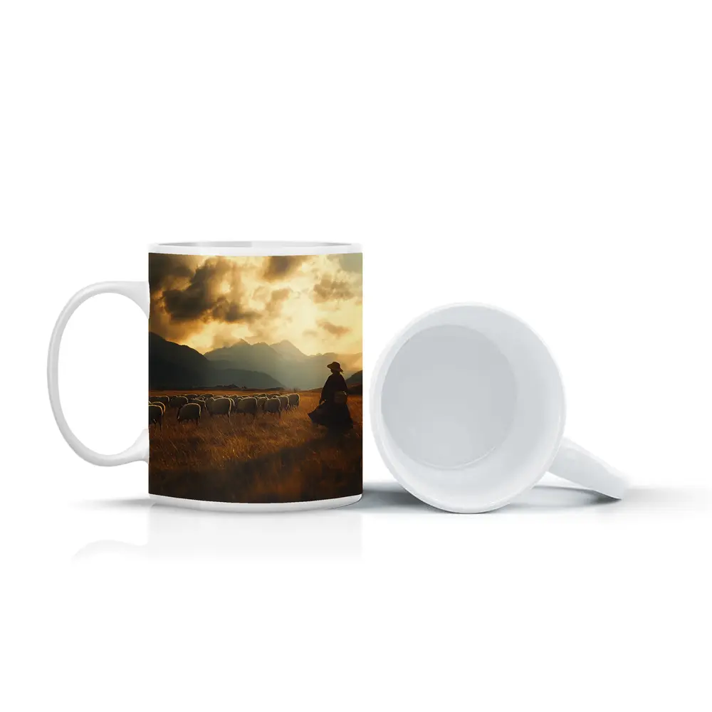 Shepherd With Flock Golden Mountain Sunset – Mugs