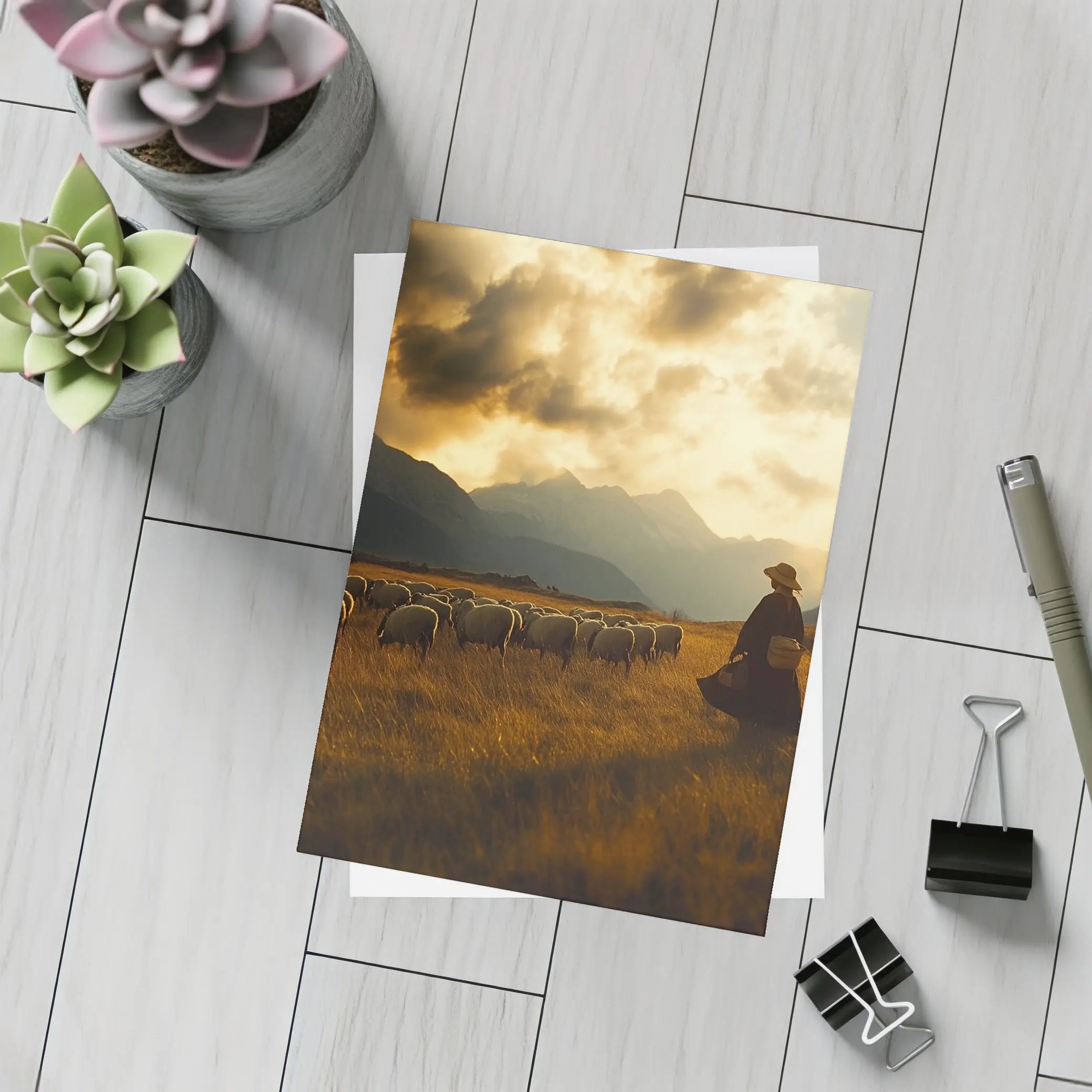 Shepherd With Flock Golden Mountain Sunset – Postcards
