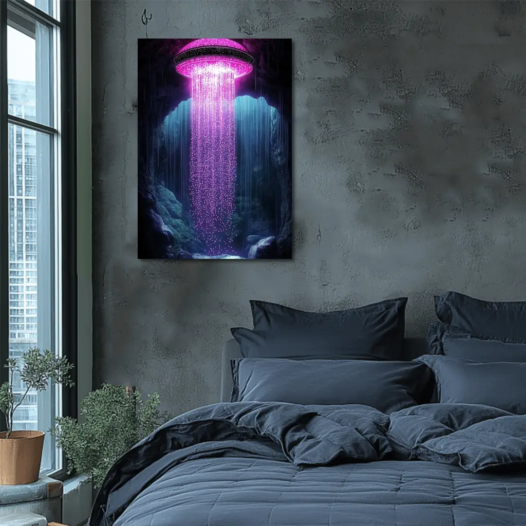 Neon Pink UFO Shower Cave Dark Fantasy – Wall Art