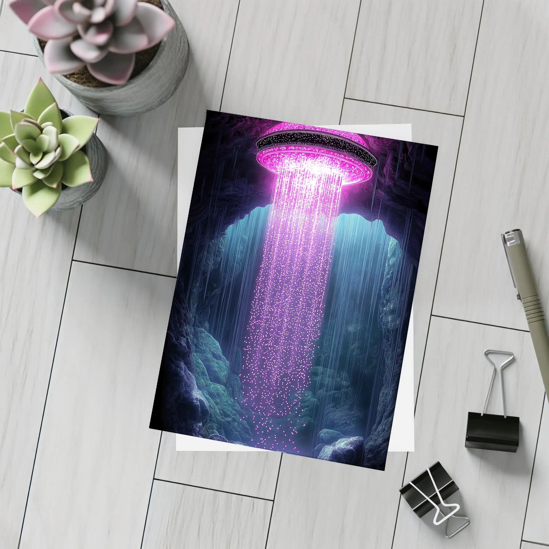 Neon Pink UFO Shower Cave Dark Fantasy – Postcards